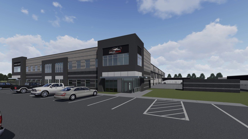 Architectural rendering of the Carolina Facilities building, showing the Carolina Custom Paint and Body entrance