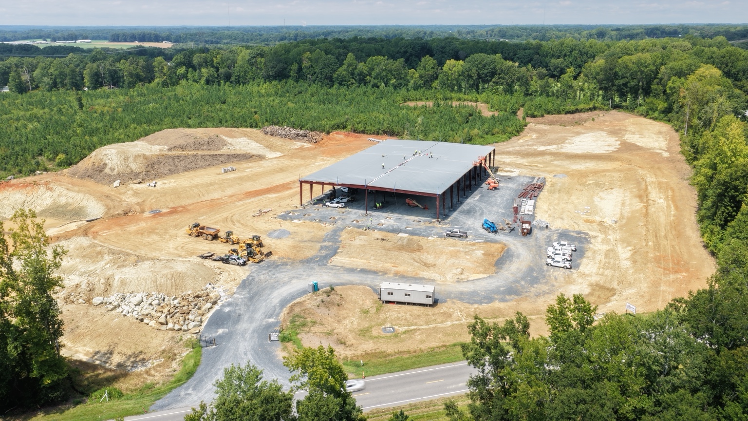 Closer aerial view of the Carolina Facilities building under construction